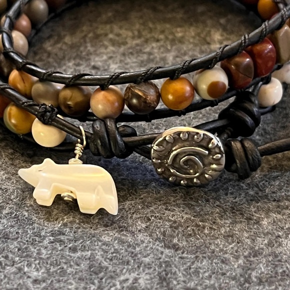 Double Wrap Leather Bracelet - Red Creek Jasper, Artisan Clasp, Bear Charm - Picture 9 of 11